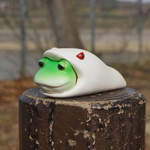 ヘビに食べられているのかシュラフに入って冬眠キャンプしているのか際どいカエル